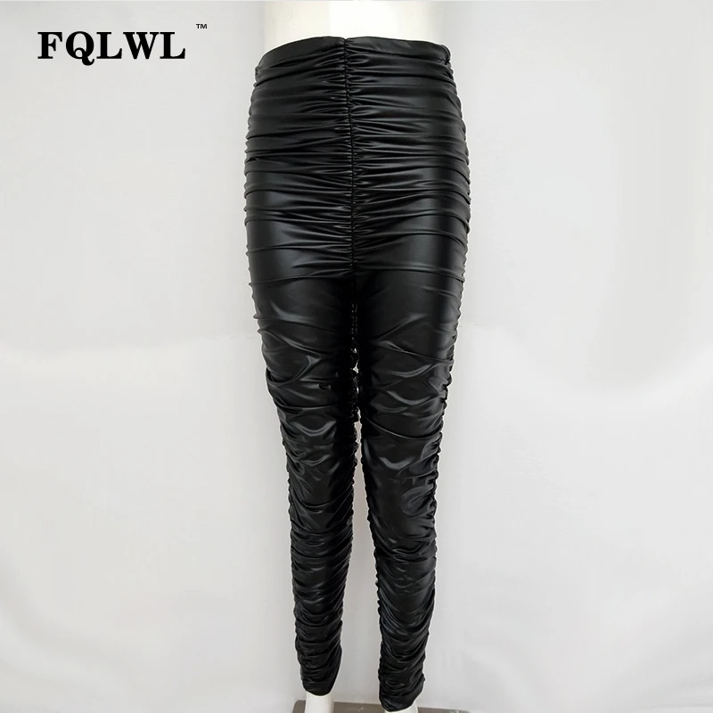 FQLWL, плиссированные, ПВХ, ПУ, искусственная кожа, брюки, женские, сексуальные, черные, длинные, эластичные, тянущиеся, карандаш, брюки, хит, брюки, повседневные, высокая талия, брюки