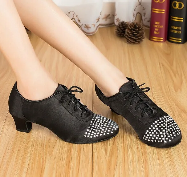 Женские туфли для латиноамериканских танцев со стразами квадратная Черная