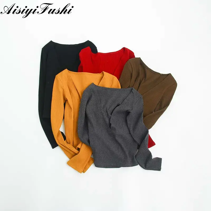 Thin V Neck Sweater Women Low Collar Sexy Knit Shirt Pullover Army Green Knitted Long Sleeve Spring Autumn | Женская одежда