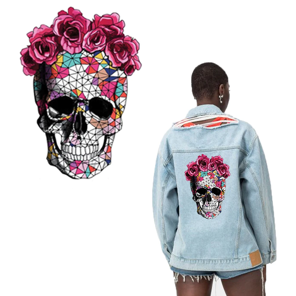 С цветочным рисунком череп патчи теплоотводящая накладка DIY Футболка рюкзак