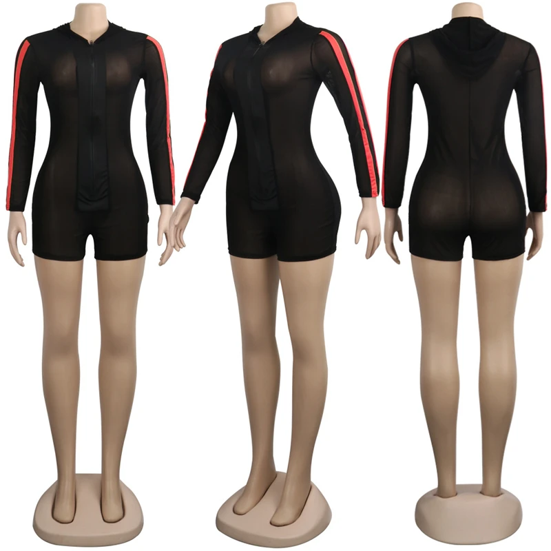 

Adogirl Fluorescence Stripe Sheer Mesh Jumpsuit Zipper V Neck Long Sleeve Hooded Romper Shorts Playsuit Women Sexy Club Bodysuit