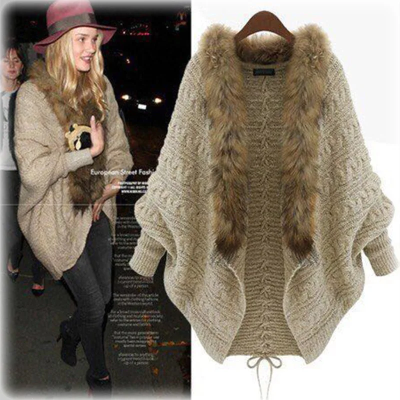 

SWYIVY Women's Loose Wild Color Knit Cardigan Bat Sleeve Fur Collar Coat Women 2019 Autumn And Winter New Sweater Cardigan