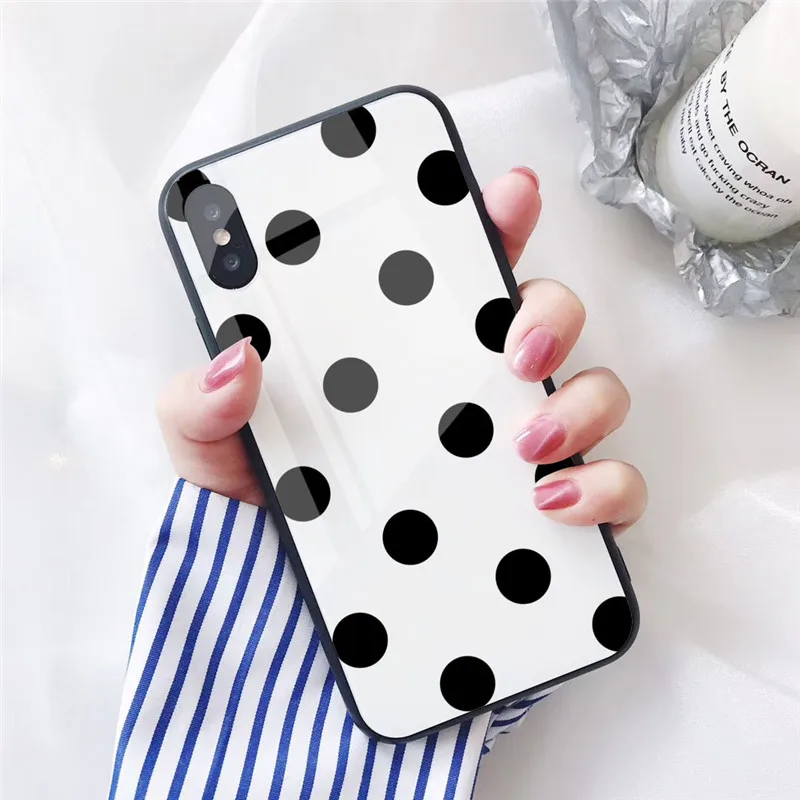 GYKZ Винтажный чехол из закаленного стекла для телефона в горошек для iPhone XS MAX XR X 7 8 6 6s Plus черный белый глянцевый Жесткий Чехол