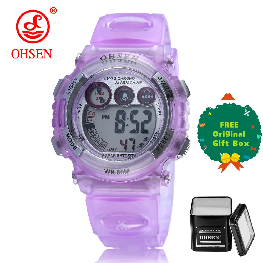 purple and gift box Топ продаж OHSEN модные повседневные часы детские спортивные часы водонепроницаемый светодиодный цифровые часы детские наручные часы студенческие наручные часы - Цвет: purple and gift box