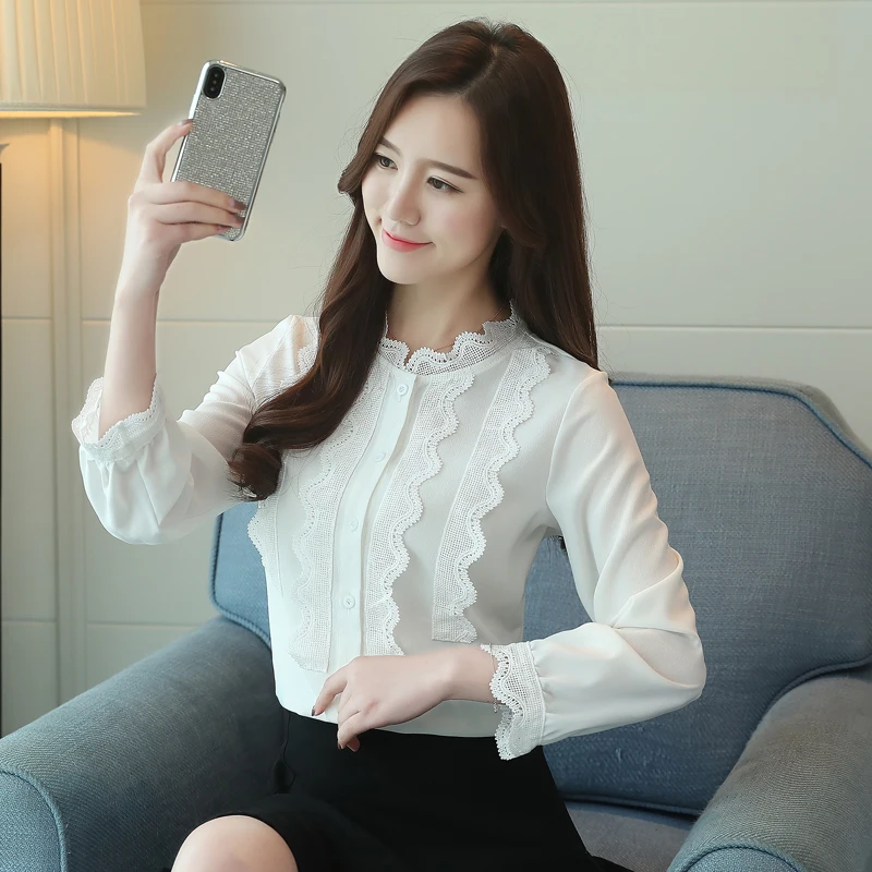2018 Женские топы и блузки с кружевным воротником шифоновая рубашка Осенняя