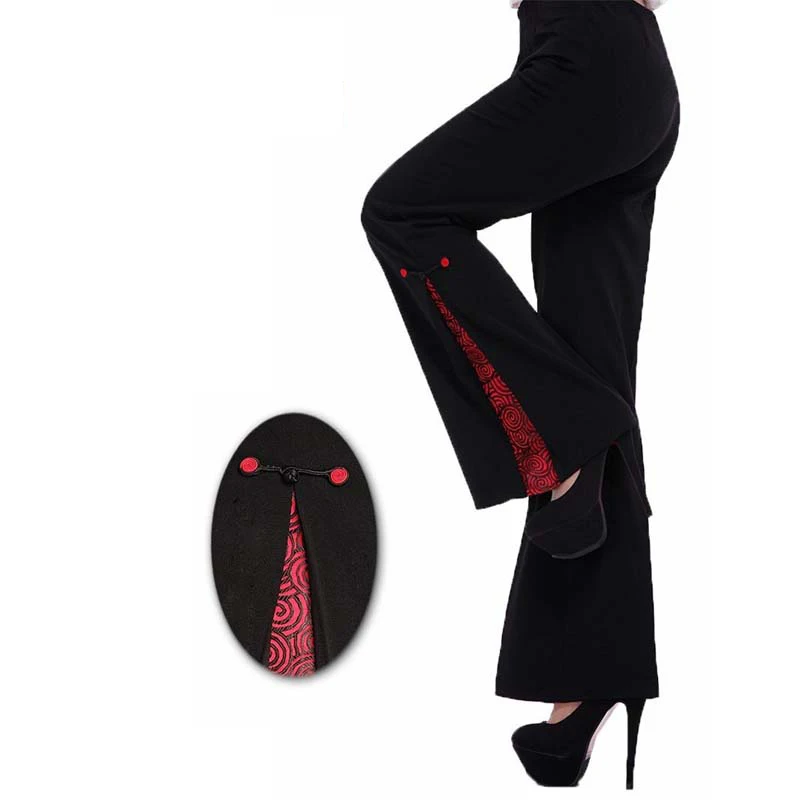 Женские брюки в китайском стиле черные с цветочной вышивкой большие размеры