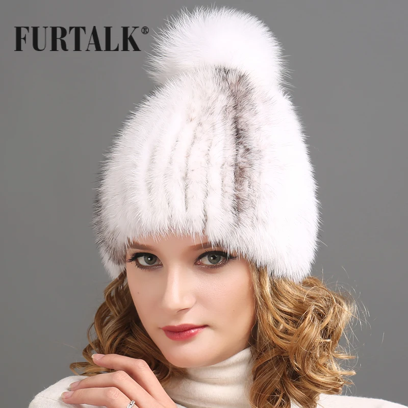 FURTALK ручной вязки естественно норки чернобурки меховые кисточки меховая шапка