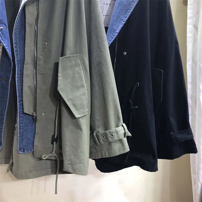 Новинка, корейское длинное пальто на весну и осень, Harajuku, с отложным воротником, с длинными рукавами, джинсовая куртка трапециевидной формы, женское корейское пальто