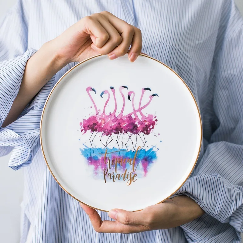 Flamingo pattern Фламинго Творческий костяной фарфор тарелка для завтрака стейк тарелка Посуда Кружка Чашка молоко стекло - Цвет: Flamingo pattern