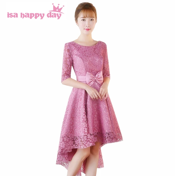 

girl blush bridesmaid 2020 hot sale half sleeved lace high low braidsmaid dresses short for teens short front long back H4139