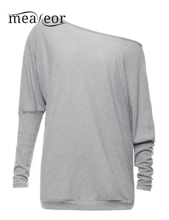 Meaneor One Shoulder Women Sweaters Batwing Sleeve Baggy Ladies Pullover Tops Autumn Spring Knitted Sweater Solid | Женская одежда