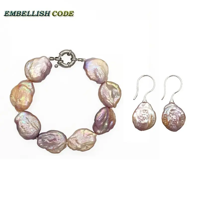 

new baroque pearl bracelet Bangle hook dangle earring set peach purple color flat round coin shape real freshwater pearls women