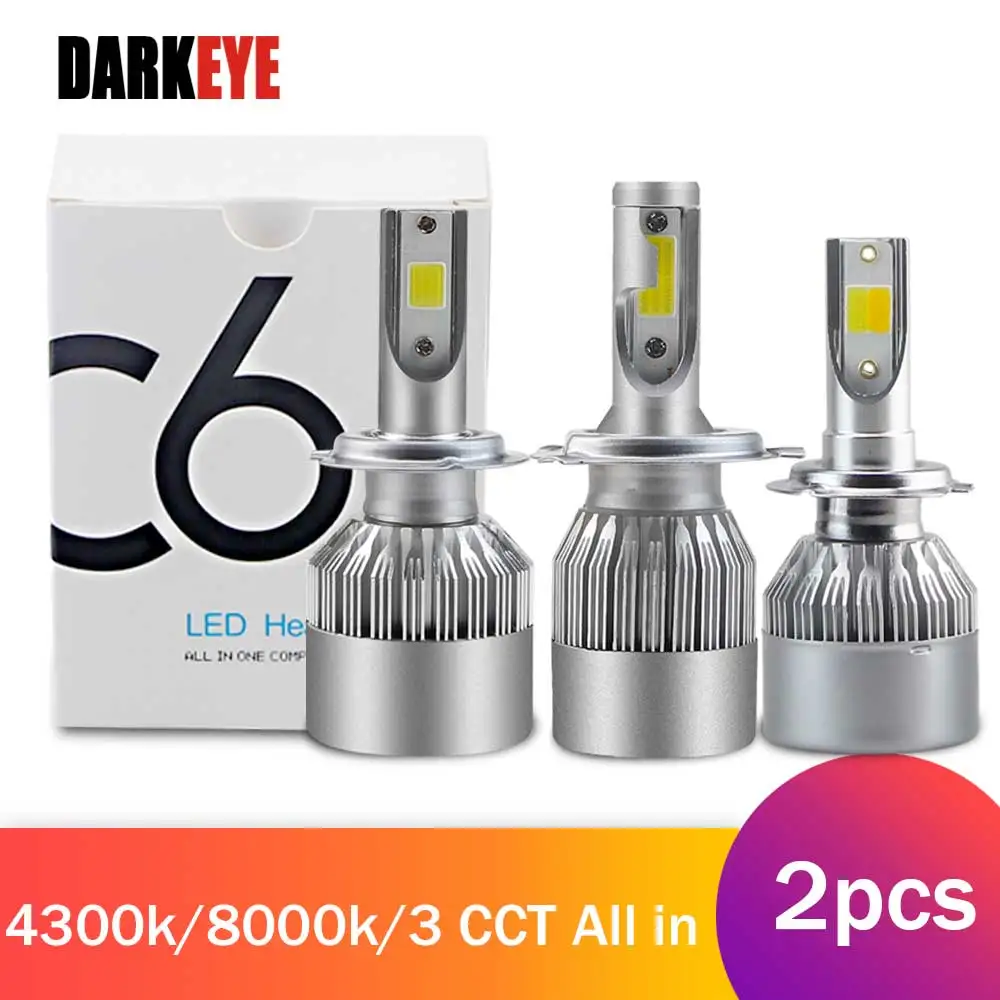 Комплект светодиодных автомобильных фар DARKEYE 8000K 4300K H4 H7 H1 H11 9005 HB3 9006 HB4 H8 2 шт. 72 Вт
