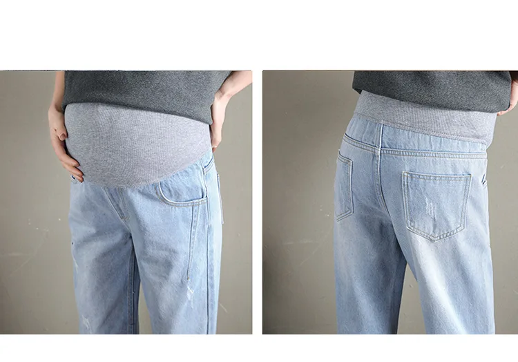 Весна лето 2019 модные джинсы брюки для беременных джинсовые светло голубые