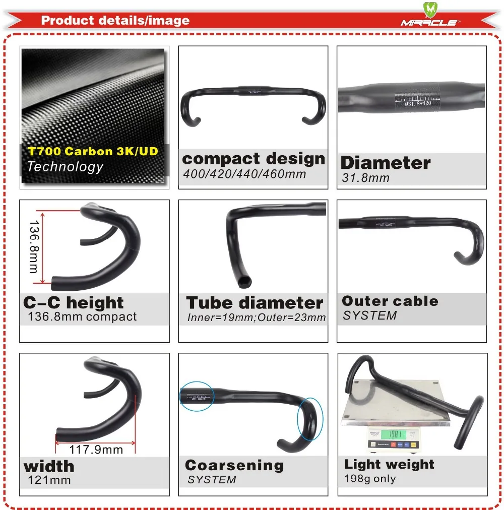 MIRACLE Official Store карбоновый компактный руль дорожный 31 8 мм x 400/420/440/460 мм|compact handlebar|carbon