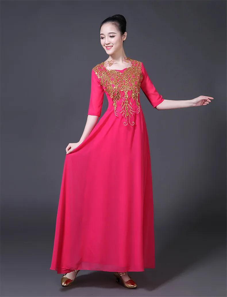 Китайский Hanfu хор представление Платье Женская юбка взрослый современный танец хост среднего возраста и пожилых выступлений платья