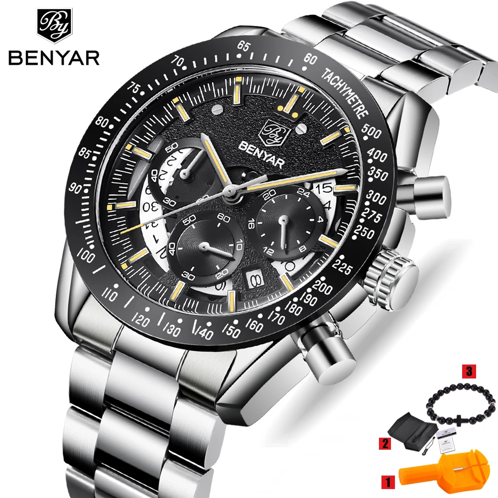 BENYAR мужские часы люксовый бренд из нержавеющей стали силиконовый ремешок