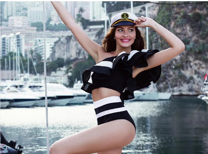 2019 хит продаж купальный костюм с оборками на одно плечо боди черное белое