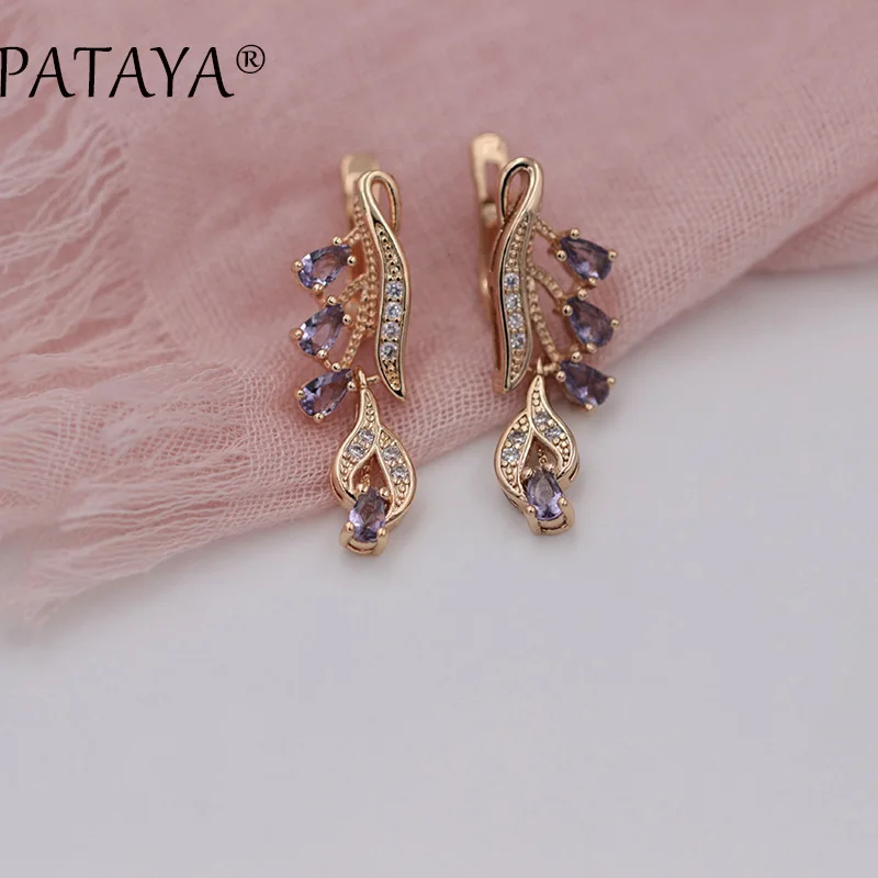 PATAYA, новые цветные длинные серьги, 585, розовое золото, красный Природный Цирконий, дизайн в виде листьев, винтовая клипса, ювелирное изделие, женские серьги в форме капли воды