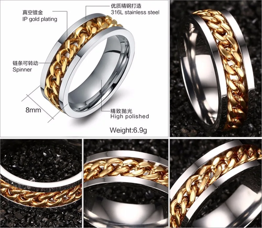 Мода блесна золотая цепочка кольцо для мужчин в стиле панк или титановой стали