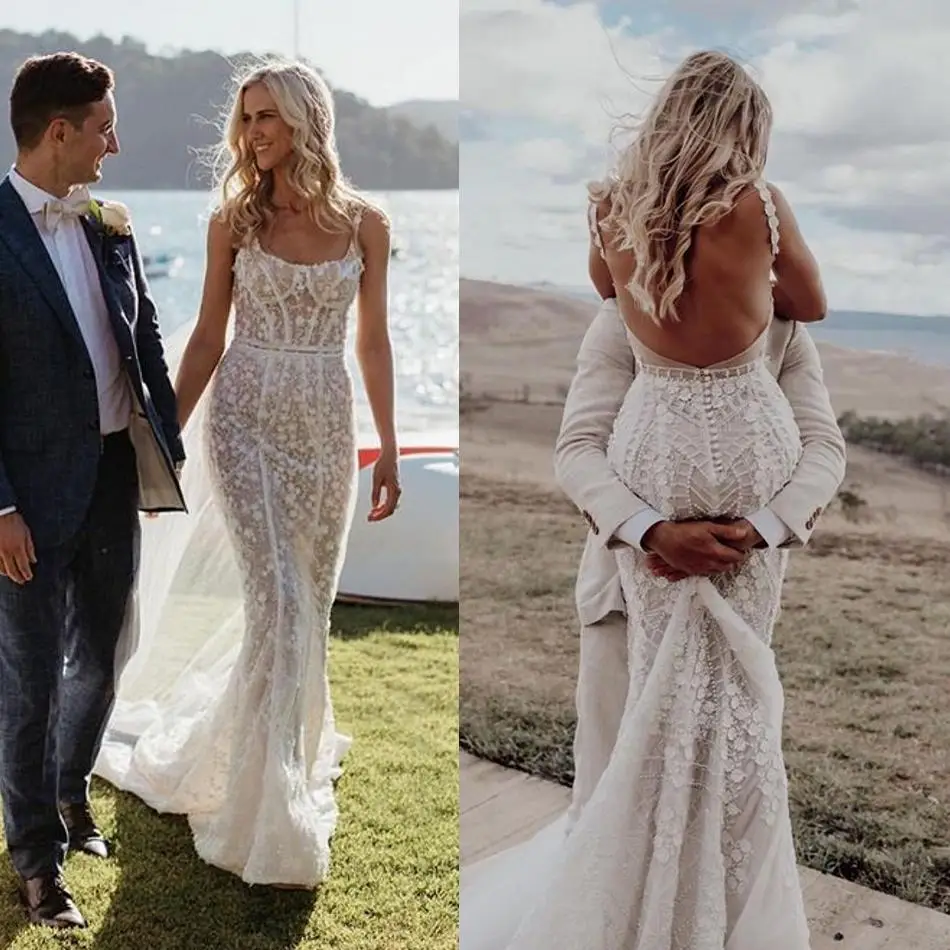 

2019 New Wedding Dresses Spaghetti Straps Mermaid Bridal Gowns Custom Made Lace Appliques Beading Wedding Dress Vestido De Novia