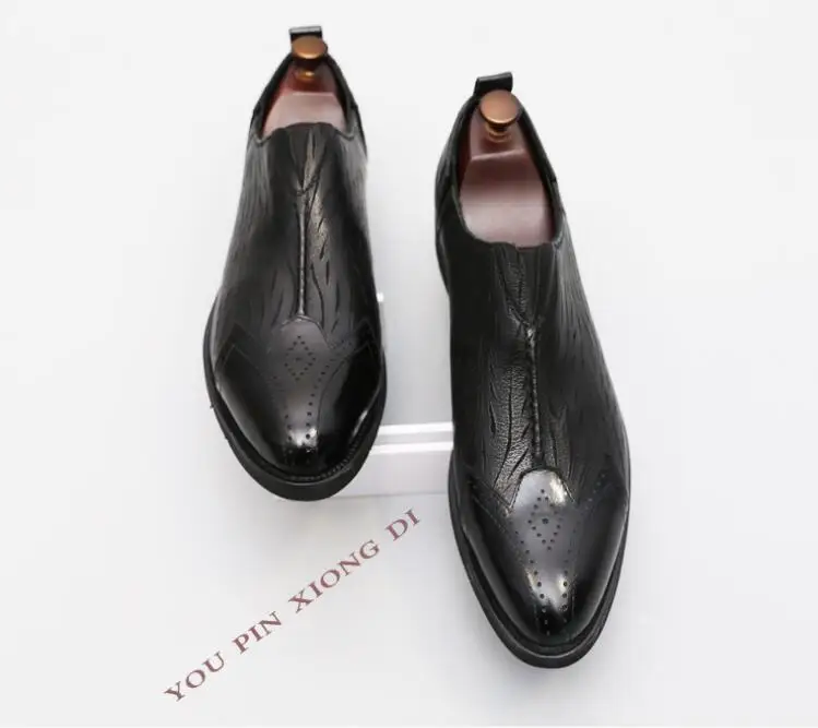 Genuine leather black dress shoes men slip on smart casual height increasing med heel summer pointed toes carved brogue | Обувь
