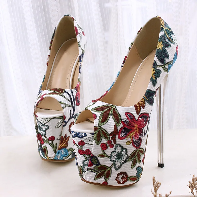 

34--43 Women Shoes Peep Toe Flowers High Heels 19cm with Platform Female Pumps Print Leather Lady Sexy Party Wedding Shoes MC-77
