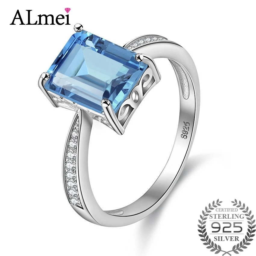 Большое обручальное кольцо Almei 3ct с прямоугольным голубым топазом Женское