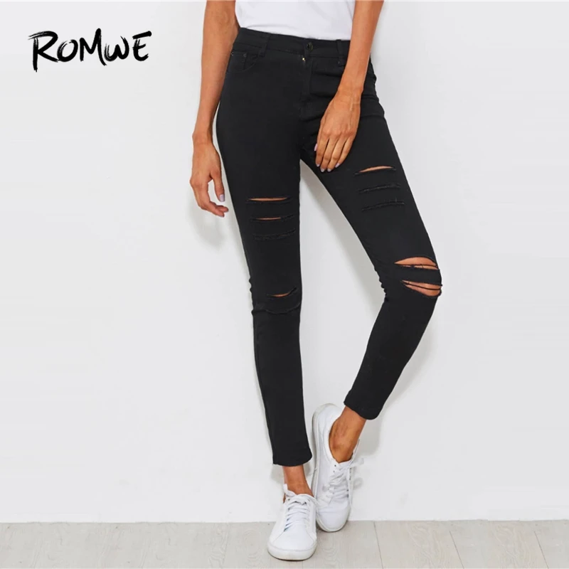 ROMWE Distressed skinny Джинсы модные черные джинсовые со средней талией с карманами брюки весна осень молния повседневные длинные брюки