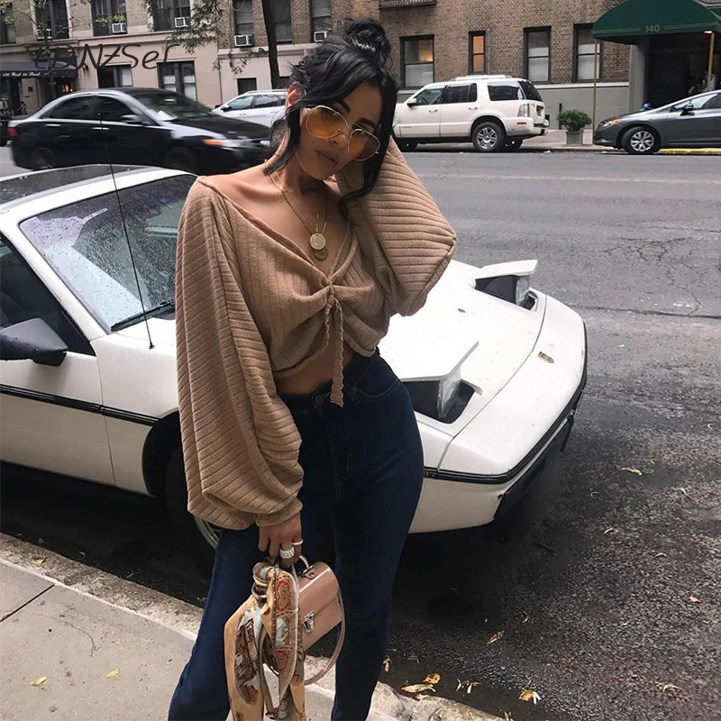 

Женская трикотажная блузка цвета хаки, с открытыми плечами и длинным рукавом-фонариком