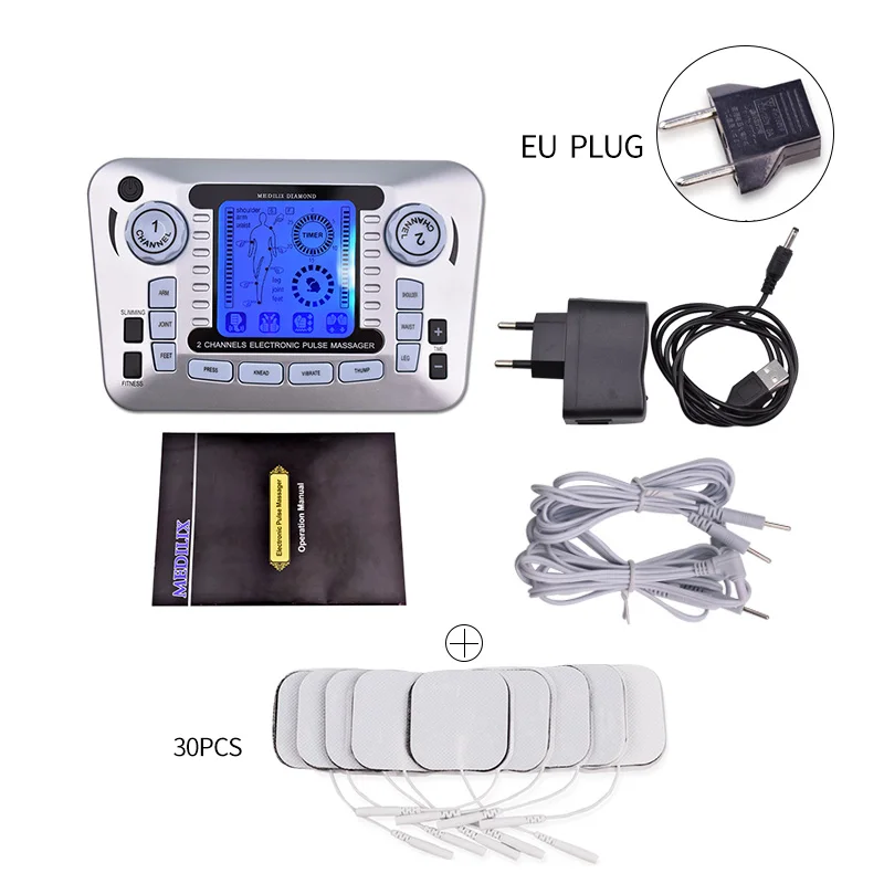 EU Plug 30Pcs Обезболивающий импульсный массажер Ems Электрический мышечный Стимулятор Tens иглоукалывание низкочастотная физиотерапевтическая машина жиросжигатель - Цвет: EU Plug 30Pcs