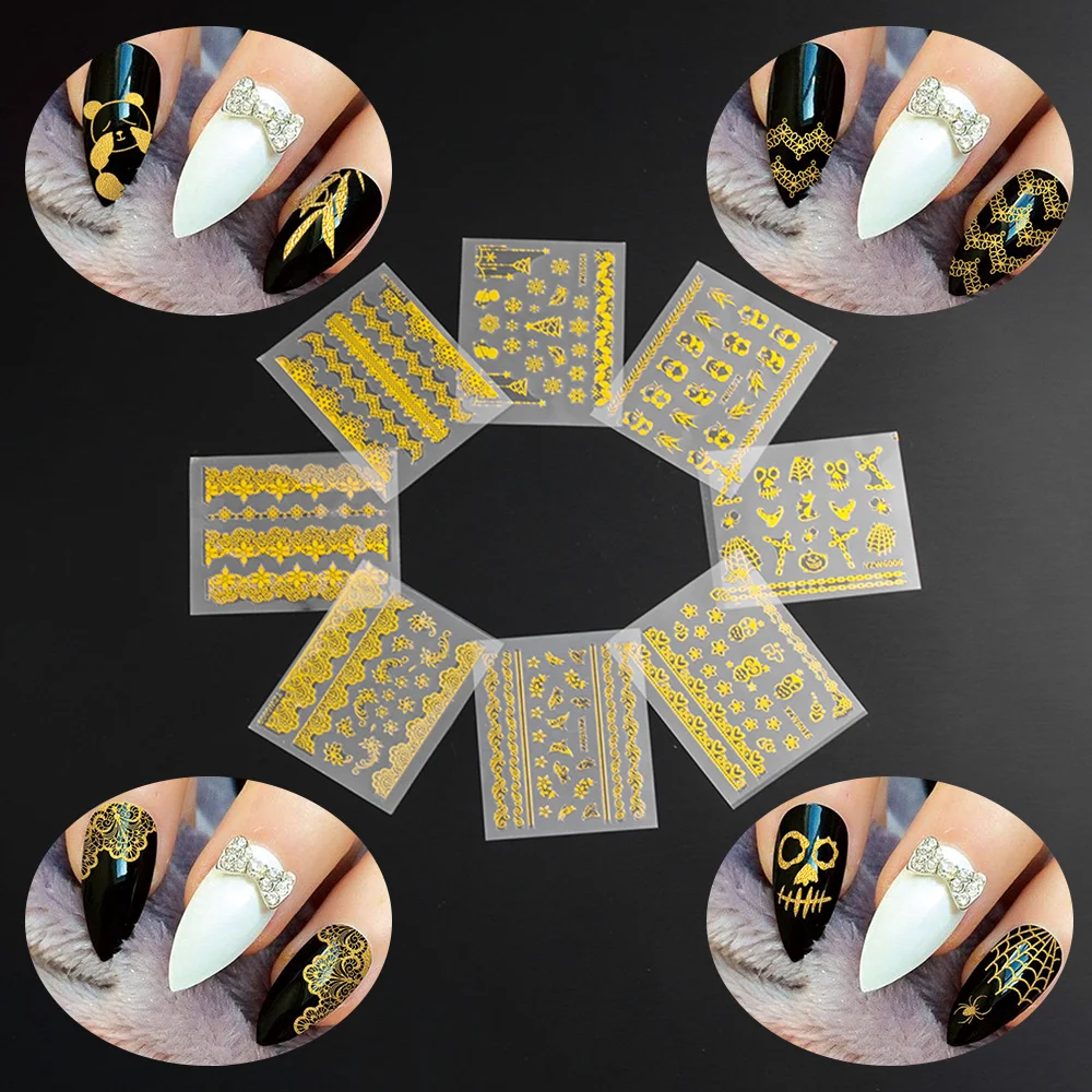 1 упаковка стикеры 3D на ногти Nail Art Наклейки металлические золотые кружевные