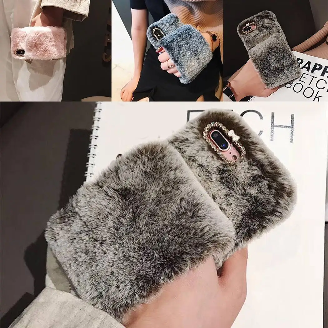 Soft TPU Rhinestone Faux Fur Phone Case Back Cover For Easy install and take off. Anywhere You Need iPhone |