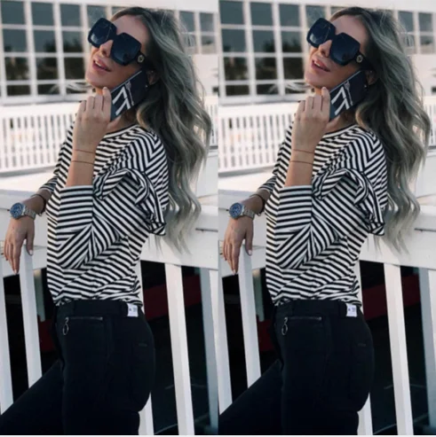 2017 Осенняя футболка в полоску с мода длинным рукавом шерсть хлопок Сексуальный