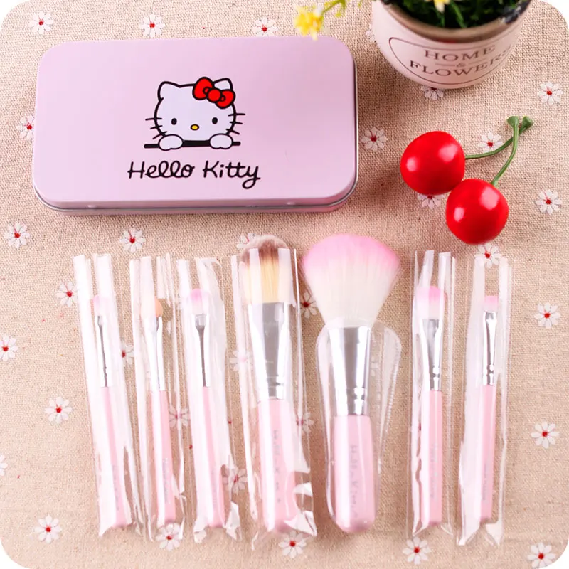 7 шт./компл. рисунок «Hello Kitty» милые металлическая коробка для путешествий Наборы пакет Портативный оборудование розового цвета, в виде мультяшного макияж кисти для макияжа на открытом воздухе набор инструментов