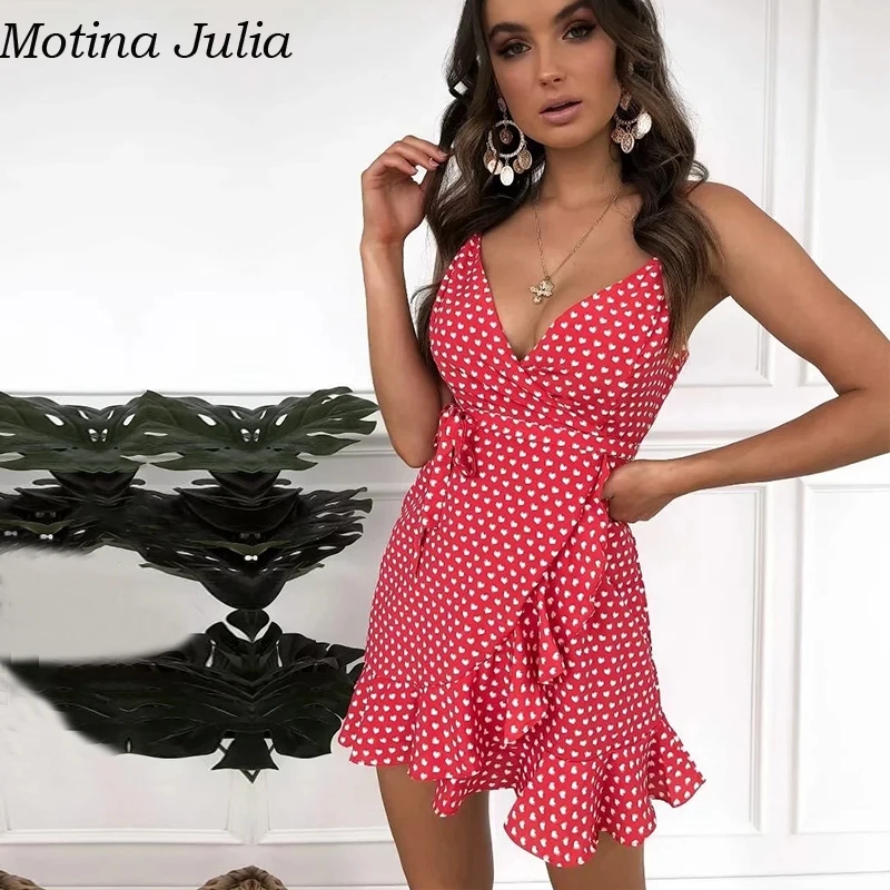 Motina Julia сексуальное сердце принт короткое платье с рюшами летнее на бретелях