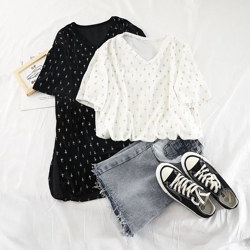 2019 Новая модная женская футболка Винтаж золото бархат свободная с длинными