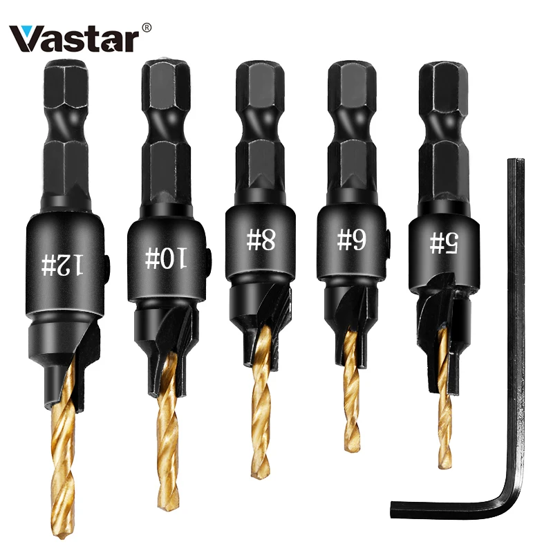 Vastar 5 шт. Зенковка сверло деревообрабатывающее сверло набор бурения пилотные отверстия для винтов Размеры#5#6#8#10#12