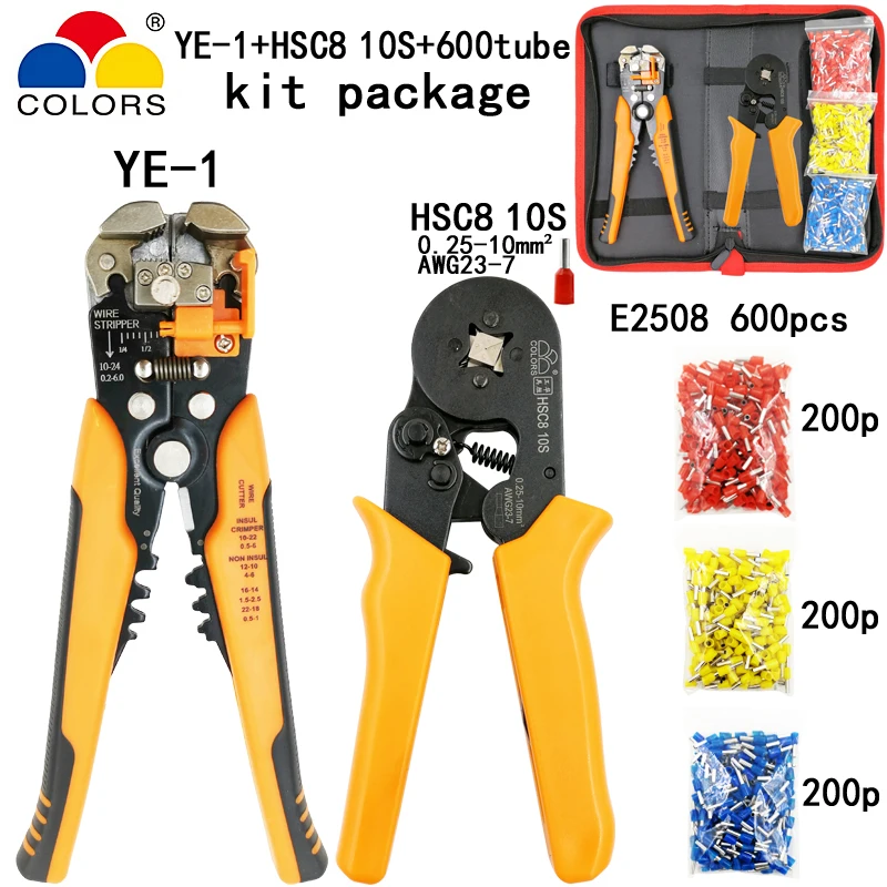 HSC8-10S Y1 600P Набор обжимных инструментов HSC8 10 S/6-4/6-6 плоскогубцы Y1 плоскогубцы для зачистки резки 600 шт. E2508 трубчатый терминал костюм брендовый набор электрических инструментов - Цвет: HSC8-10S Y1 600P