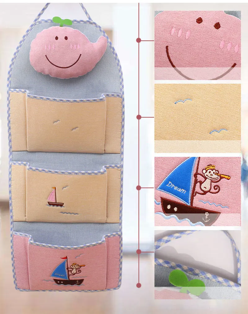 LDAJMW Linen Cartoon Monkey Embroidery 1-4 Pockets Wall Hanging Storage Bag Children Room Organizer Pouch
