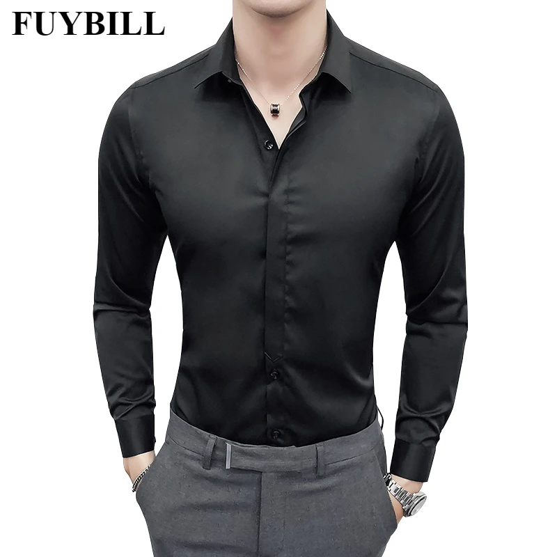 FuyBill Новая модная мужская Однотонная рубашка для мужчин однотонные однобортные деловые повседневные рубашки тонкий стрейч с длинным рукавом