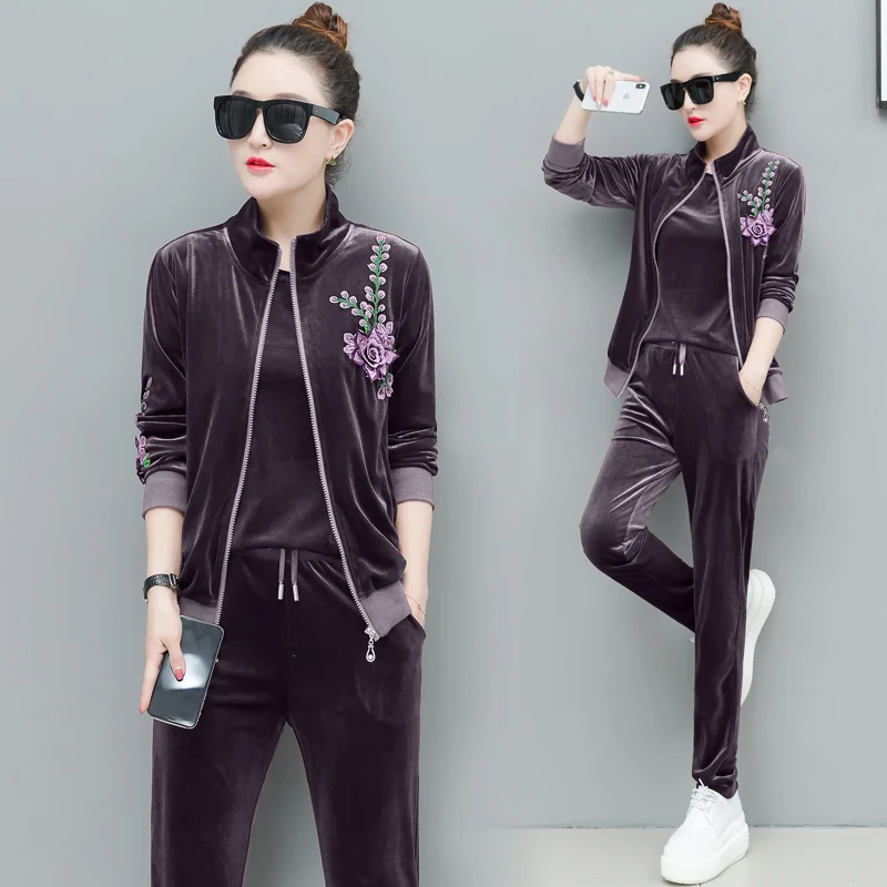 Женский Бархатный спортивный костюм фиолетовый комплект из 3 предметов большой