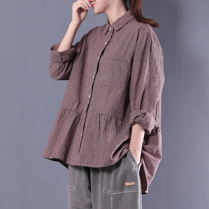 ZAZNEA, женская блузка, модная, осенняя, с оборками, Blusas, с отворотом, OL, рубашка, Повседневная, на груди, с карманами, на пуговицах, в клетку, топ размера плюс