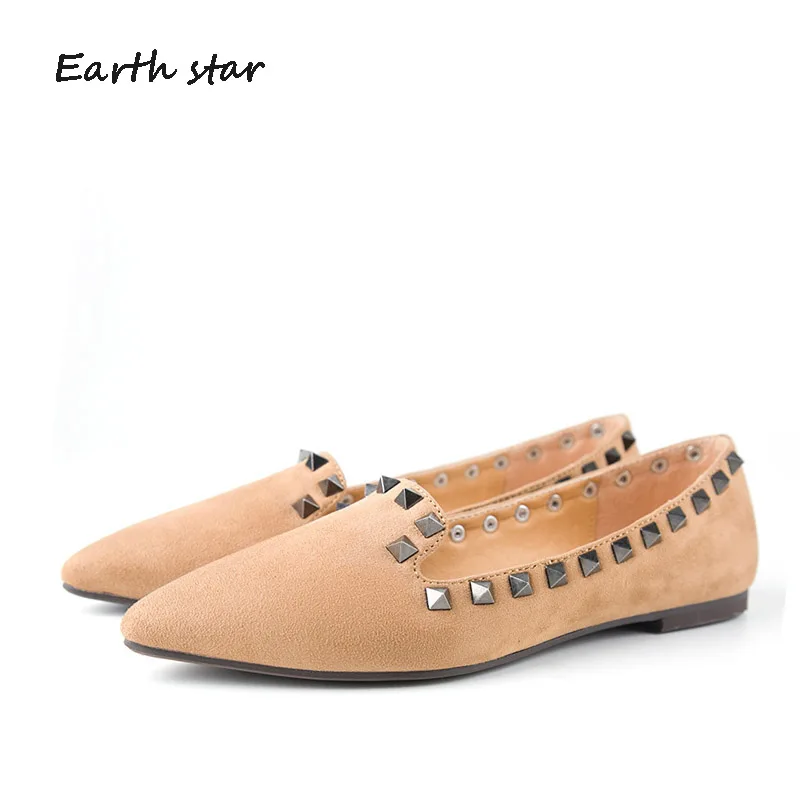

EARTH STAR New Shoes Women Flock Pointed Toe Flats Khaki Sexy Lady chaussure Punk Autumn Female Rivets footware Shallow Quality