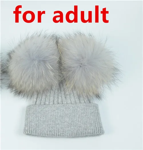 Grey for adult Кашемировая зимняя шапка для детей и женщин, шерстяные шапки для родителей и маленьких мальчиков, теплая вязаная шапка с помпоном, двойная настоящая меховая шапка с вязаным помпоном - Цвет: Grey for adult