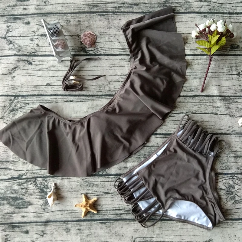 2018 бикини с открытыми плечами купальники женские оборки бандо Высокая талия Низ