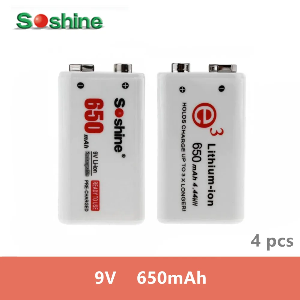 4 шт. Оригинальная литий ионная аккумуляторная батарея SOSHINE 9V Pilas 650mAh 7 V для