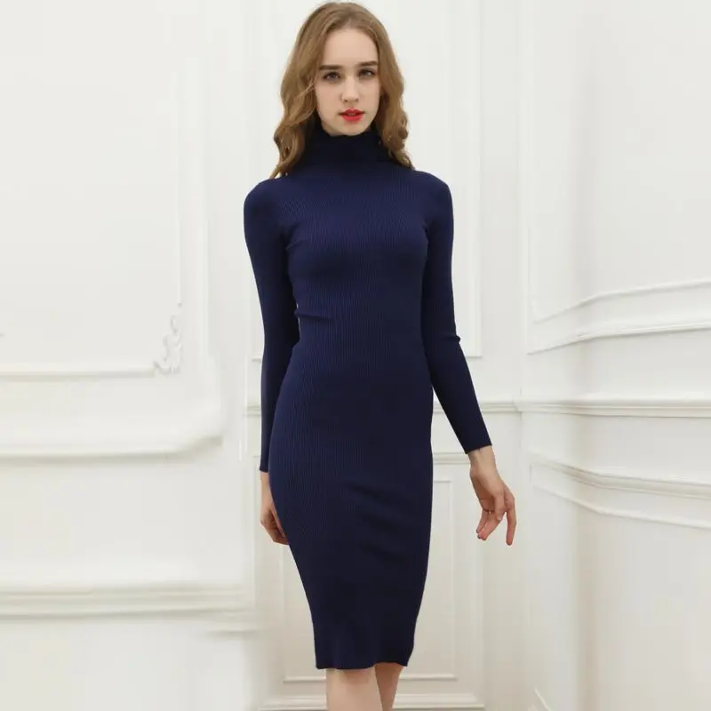 Женское трикотажное платье свитер с высоким воротником однотонное|Женские