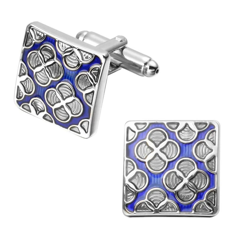 

High quality men's fashion jewelry square plum flower form blue enamel cufflinks French shirt sleeve cuff links