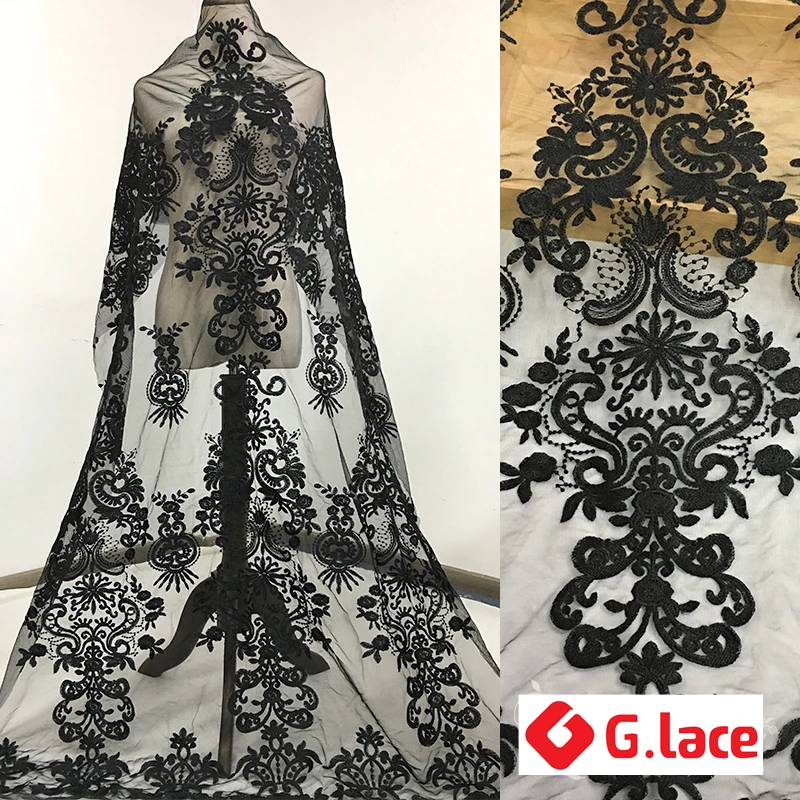 GLace 1Y/партия черно белая кружевная ткань с вышивкой ретро узор сетчатая сделай